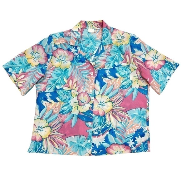Tanjay Vintage costal floral hawaian beach style short sleeves size 12 fits L - Picture 4 of 8